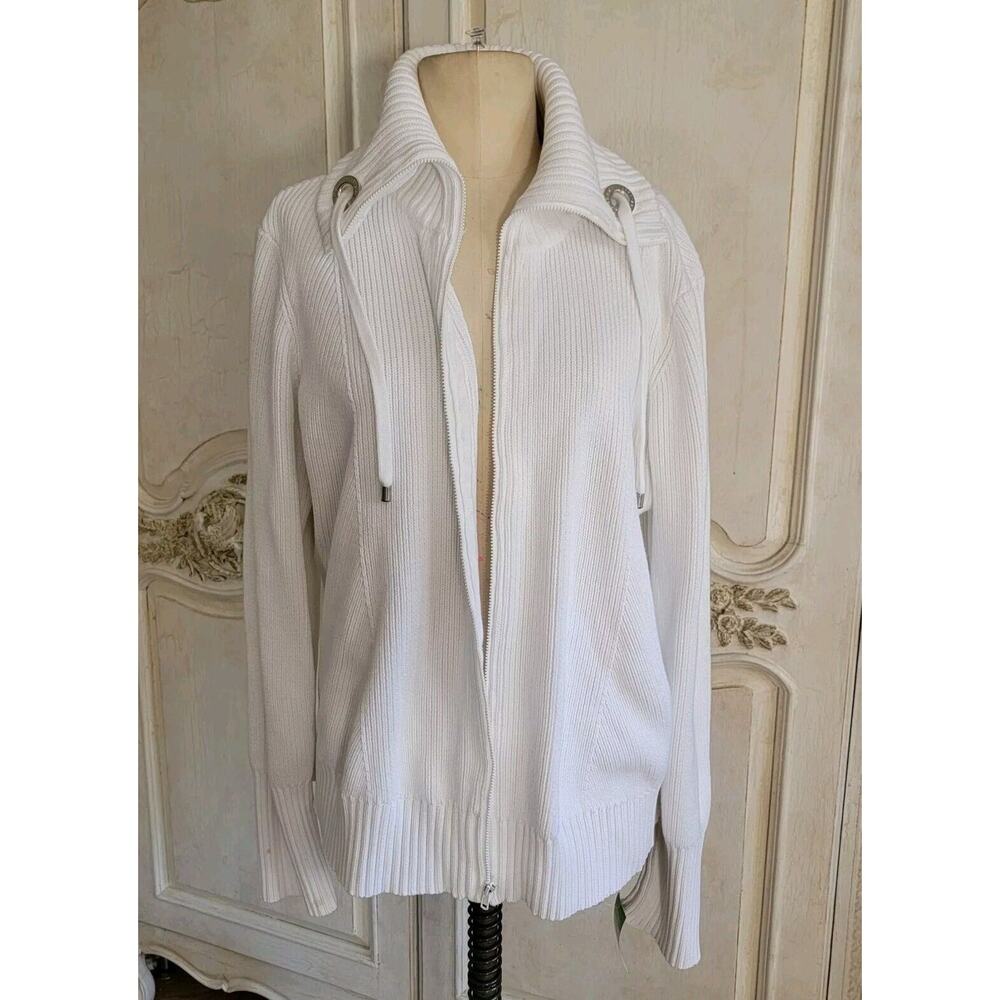 Lauren Ralph Lauren Women's Ribbed Cardigan Sweater Pure White 100% Cotton L